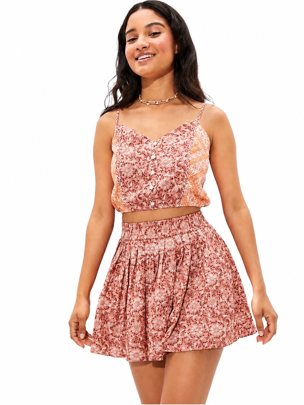 American Eagle Pink Floral Cotton Linen Elastic Waist Mini Skirt XL